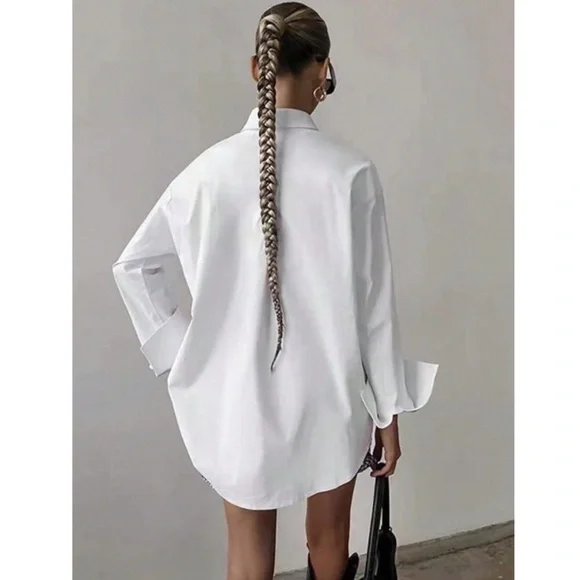 White Loose Fitting Dress Shirt Button Down, Long Sleeve - Picture 5 of 9